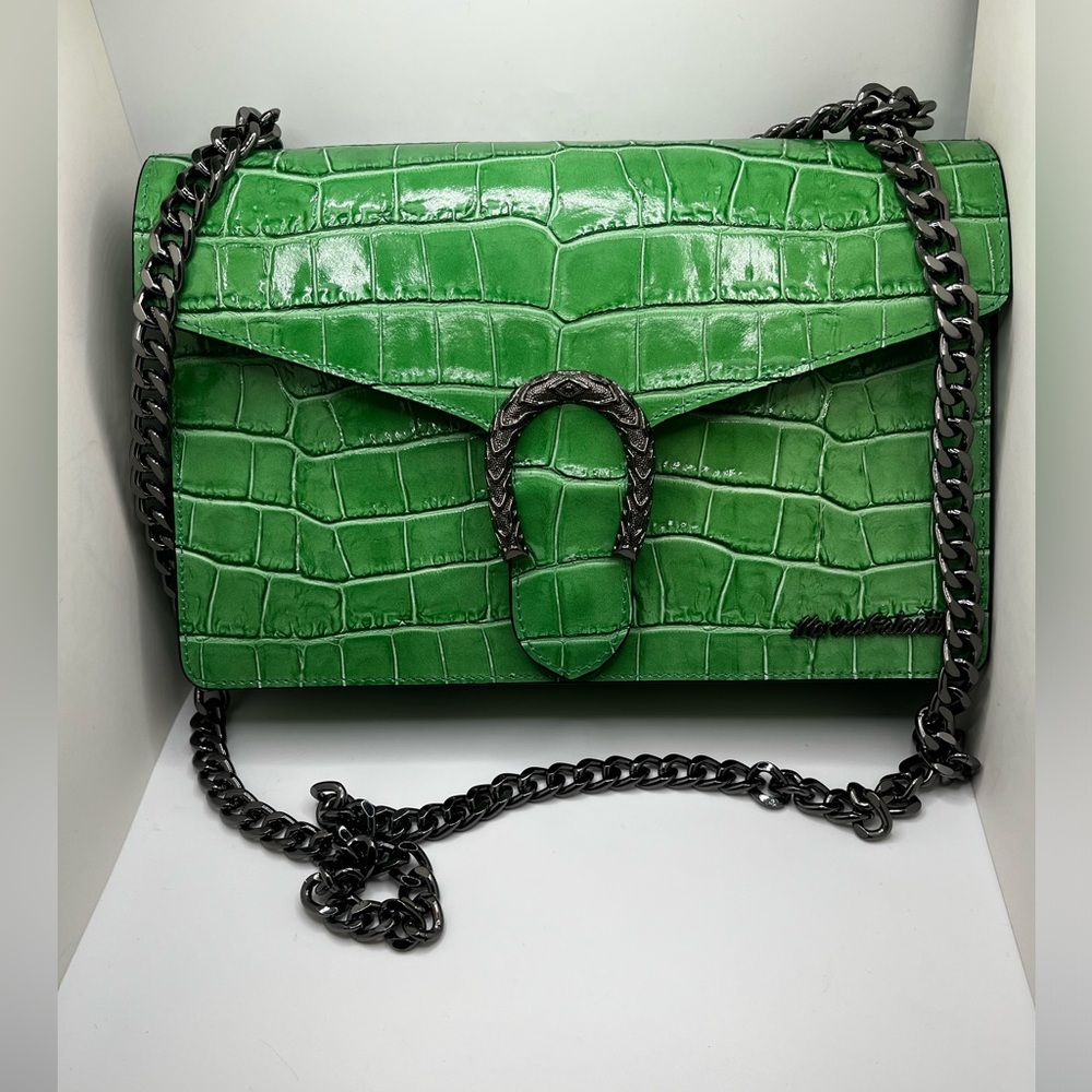 Green Croc-Embossed Shoulder Bag with Gunmetal Chain